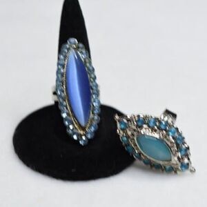 NWOT Blue On Blue Retro 2pc Rhinestone Metal Alloy Adjustable Party Rings